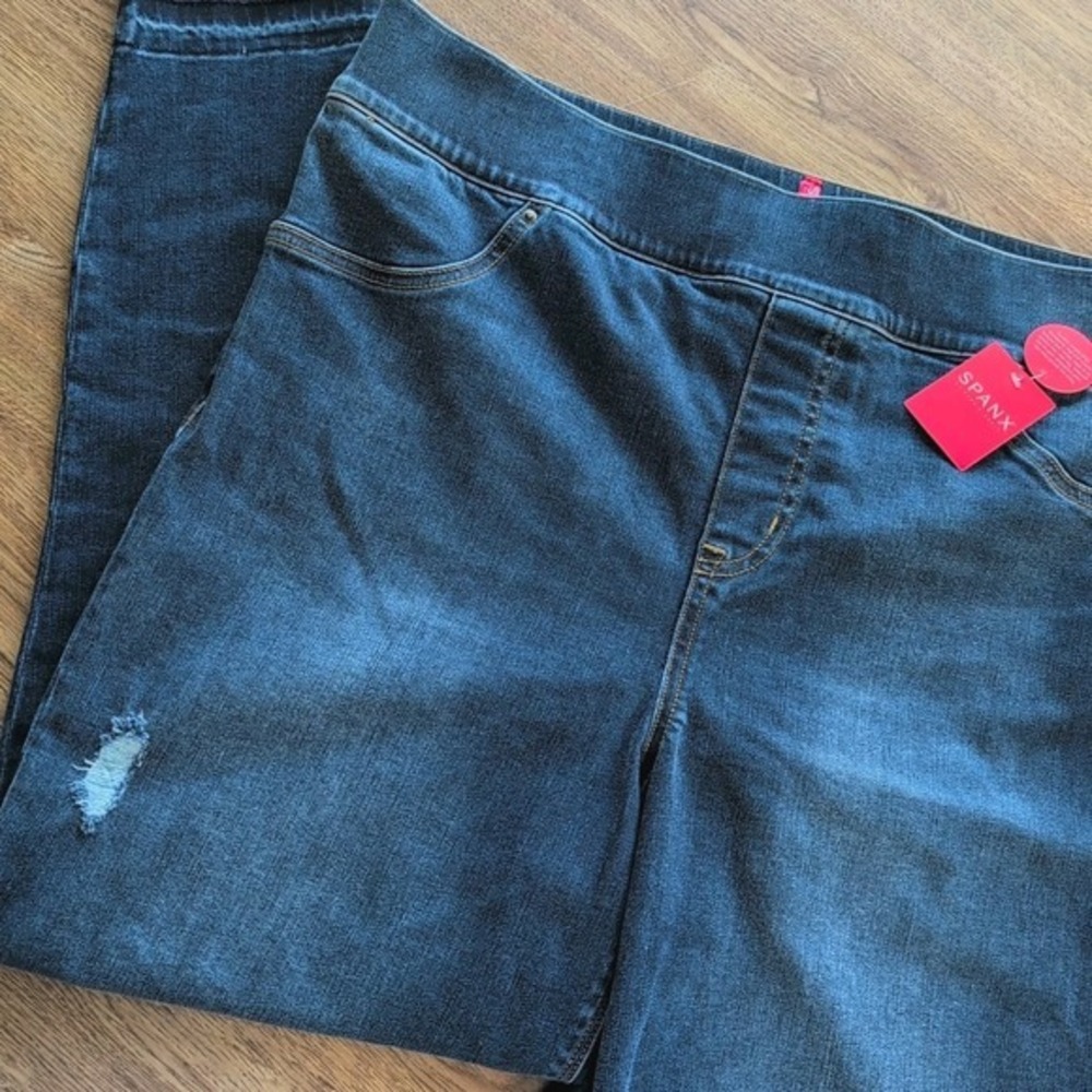 SPANX Jeans Womens M Blue Ankle Distressed Skinny Stretch Slimming Pockets - New
